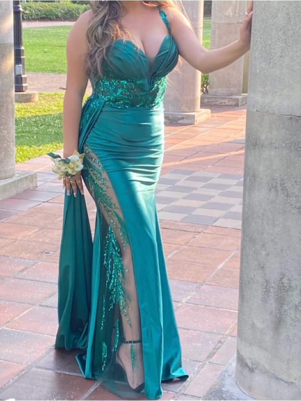 Teal Satin & Lace Prom Gown with Beaded Bodice